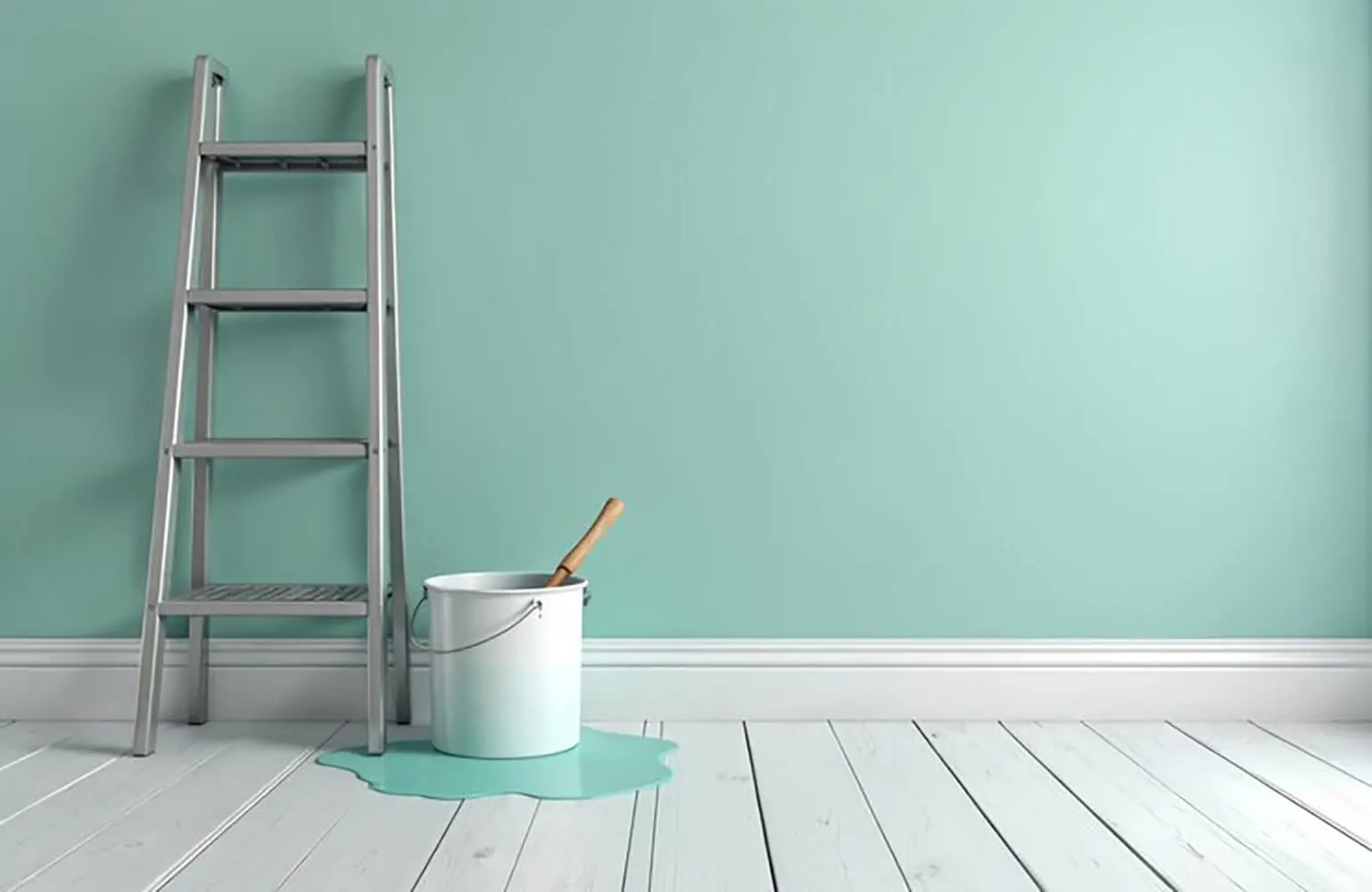 Interior painting setup showing a mint green wall, ladder, and paint bucket, illustrating how to plan a spring paint refresh for your Northville home.