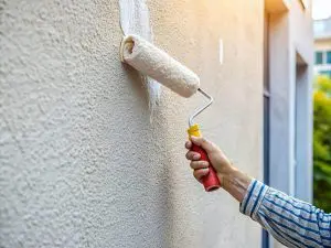 Painter applying exterior paint finish to a home's exterior wall in Rochester Hills