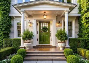Freshly painted green front door and white entryway on a Bloomfield Hills home in spring