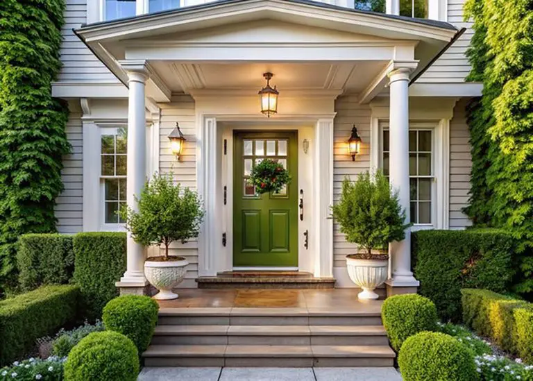 Freshly painted green front door and white entryway on a Bloomfield Hills home in spring