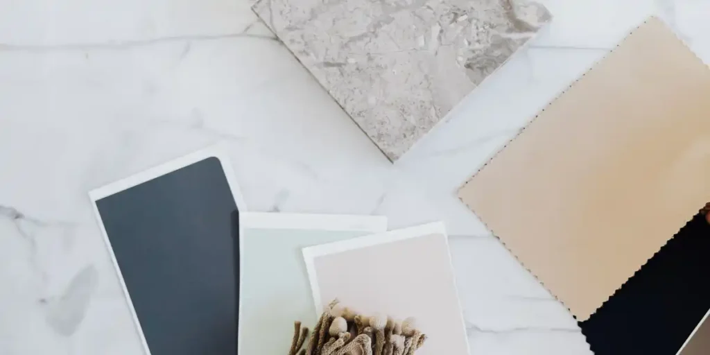 fabric stone and paint samples on a marble countertop for interior design ideas