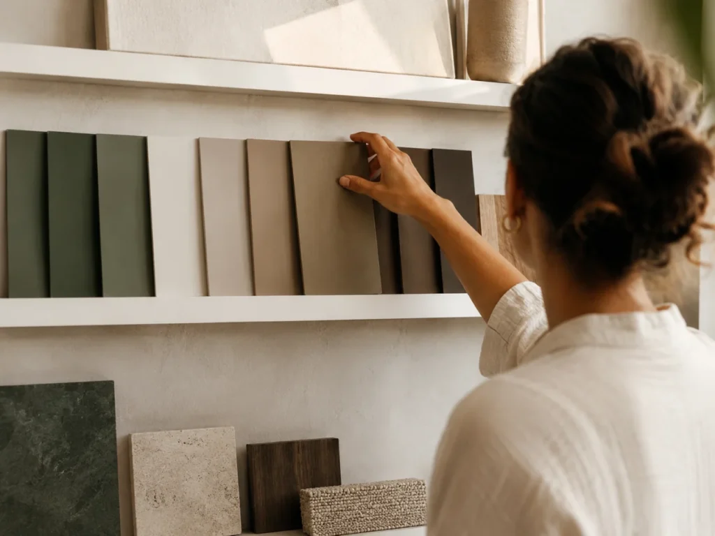 woman choosing from various muted color palettes displayed on a wall with floating shelves