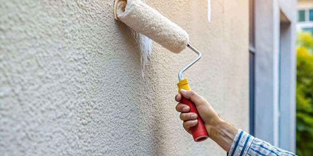 Painter applying exterior paint finish to a home's exterior wall in Rochester Hills