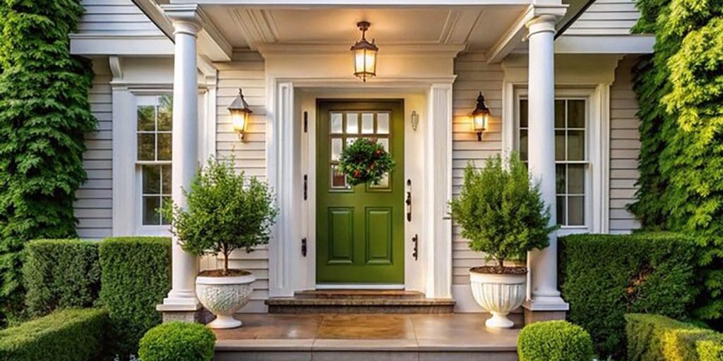 Freshly painted green front door and white entryway on a Bloomfield Hills home in spring